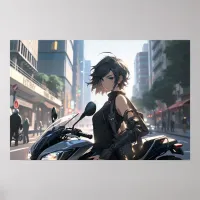 Anime woman biking downtown poster