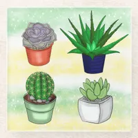 Hand drawn Succulents  Glass Coaster