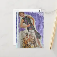 Retro smoking woman remembers housework collage postcard