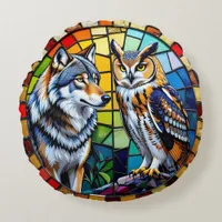 Mosaic Wolf and Owl Vibrant and Colorful Wildlife Round Pillow