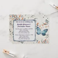 Blue Butterfly & Leaf Swirls Wedding Invitation