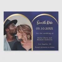 Blue gold photo arch wedding Save the Date card