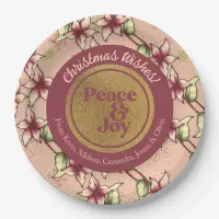 Peace & Joy, Pink Burgundy Gold Christmas Paper Plates