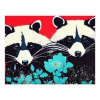 Adorable Raccoons With Blue Flowers Photo Print