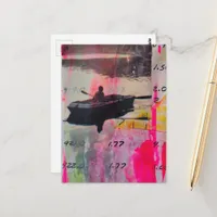 Pink Yellow Mixed Media Collage A Vintage Boat Postcard