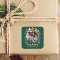 Christmas green gold bauble family photo square sticker