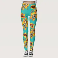 Bright Orange Flowers - Aqua Leggings