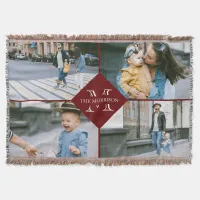 Red Multiple Photos Custom Monogram Family Name Throw Blanket