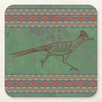 Southwest Roadrunner Sagebrush Green Square Paper Coaster