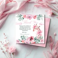 Watercolor Floral Giraffe Ribbon Girl Birthday  Thank You Card