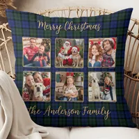 Family Photo Collage 6 Custom Modern Holiday Plaid Throw Pillow