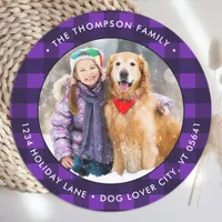 Purple Buffalo Plaid Custom Photo Return Address Classic Round Sticker