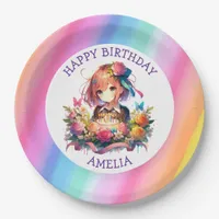 Cute Rainbow Anime Girl Birthday Cake Personalized Paper Plates