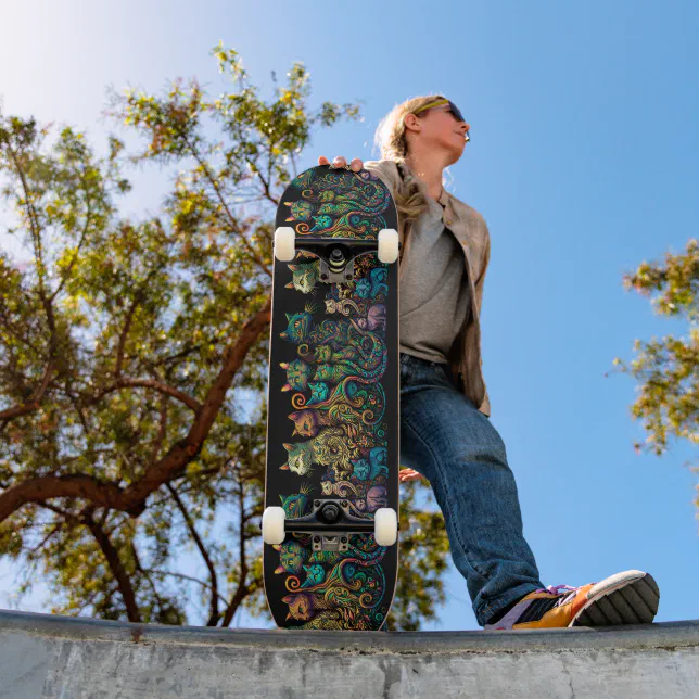 Stylized Cat Tribe Colors on Black Frieze Skateboard