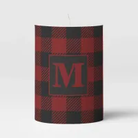 Rustic Red Buffalo Plaid Farmhouse Monogram Pillar Candle