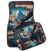 Moose in Front of Mountain and American Flag Car Floor Mat