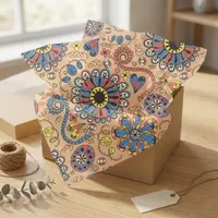 Retro Boho Folk Art Floral and Hearts Pattern Tissue Paper