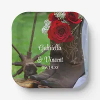Rustic Red Roses and Cowboy Boots Western Wedding Paper Plates