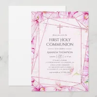 Rose Gold & Pink Magnolia Geometric Holy Communion Invitation
