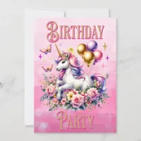 Pretty Pink, Purple and Gold Unicorn Birthday  Invitation