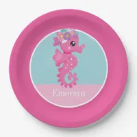 Cute Girly Pink Seahorse Kids Name Paper Plates