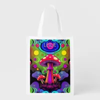 Psychedelic Vibrant Colorful Retro Mushrooms Grocery Bag