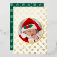 Photo Santa Baby Snowflakes White Gold Green BKGRD Foil Holiday Card