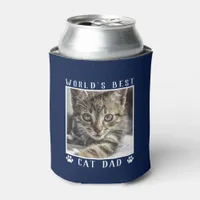 World's Best Cat Dad Paw Prints Pet Photo on Navy Can Cooler