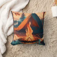 Tent and Campfire Vintage Colors Art Throw Pillow