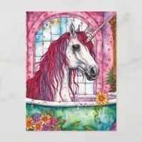 Adorable Watercolor Pink Mane Unicorn Bathtime  Postcard