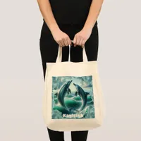 Monogram Blue Teal Dolphins Ocean | Tote Bag