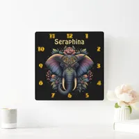 Floral dawn elephant art square wall clock