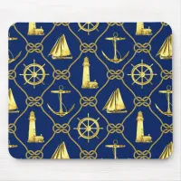 Nautical Gold Blue Lighthouse Sailboat Desk Mouse Pad