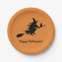 Orange Happy Halloween 2018 Black Witch Silhouette Paper Plates