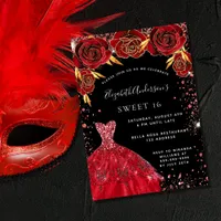 Sweet 16 red black sparkles dress florals invitation