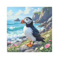 Cute Puffin on the Seashore themed Metal Print
