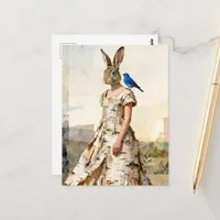 Adorable rabbit in birch bark dress with bluebird postcard