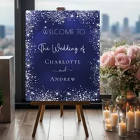 Wedding navy blue silver glitter welcome foam board