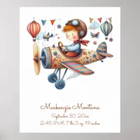 Whimsical Nursery Art Child and Plane Personalize Poster