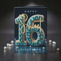 Teal Gemstone and Pearl Glam Sweet 16 Birthday Card