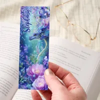Blue Dragon Purple Flowers Fantasy Personalized Bookmarks