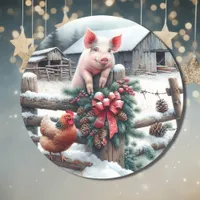 Cute Pig and Chicken Christmas Farm   Classic Round Sticker