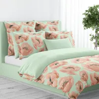 Mint Green And Peach Peony Elegant Floral  Duvet Cover