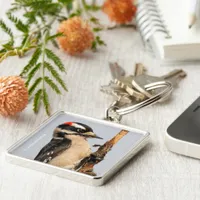 Cute Downy Woodpecker on Fruit Tree Keychain