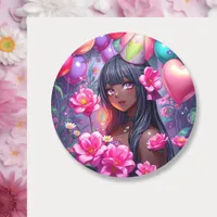 Anime Themed Birthday Girl of Color  Classic Round Sticker