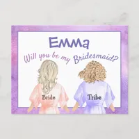 Will You Be My Bridesmaid/Girls In robes/lilac Invitation Postcard