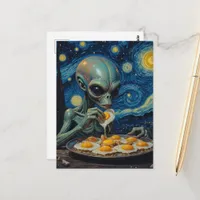 Faux Van Gogh Blue Alien Eating Fried Eggs  Postcard