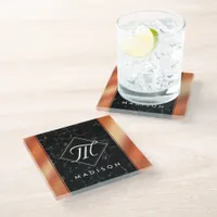 Elegant Black Marble & Bronze Foil Monogram Glass Coaster