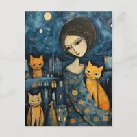 A Woman in The City At Night With Her Cats Postcard