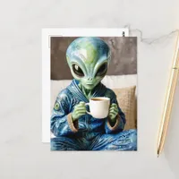 Alien in Blue PJs with a Coffee Postcard